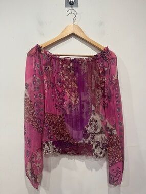 Nicole Benisti Sheer/ Semi Sheer Floral Long Sleeve Blouse Pink Purple S